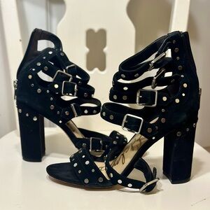 Sam Edelman Black Suede Silver Buckle Block Heel Shoes